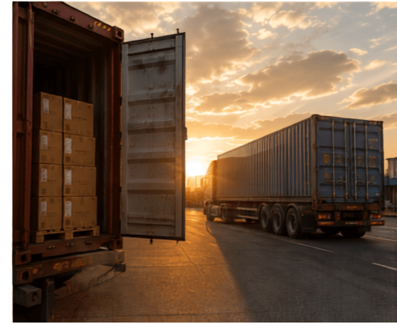 A truck and trailer prepared for shipment at sunset