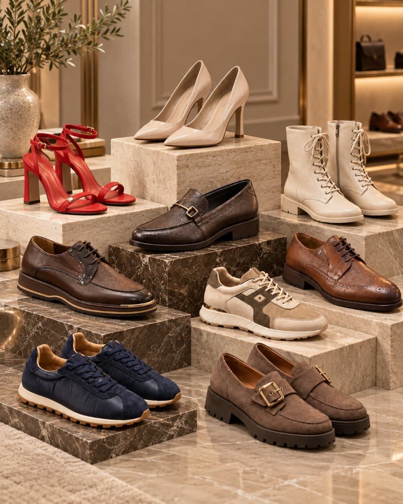 Women's and men's shoes displayed on marble steps