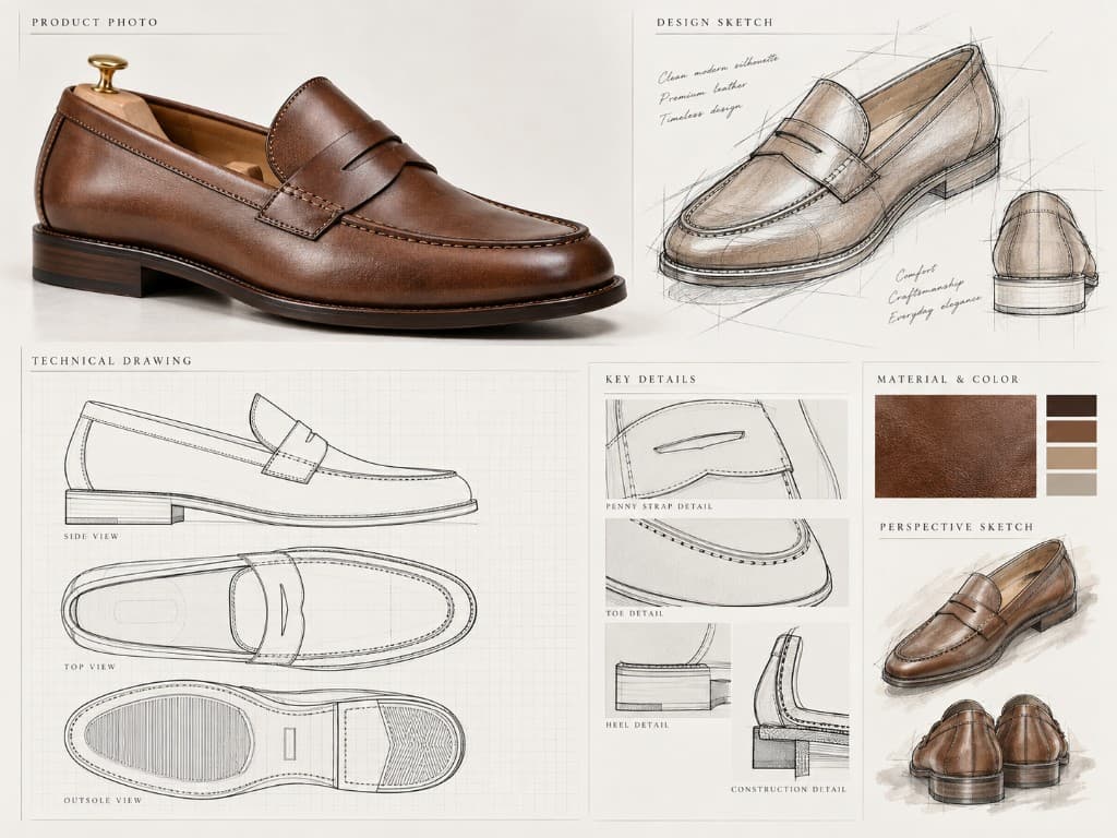 A brown loafer design board with the product photo, sketch and technical drawing