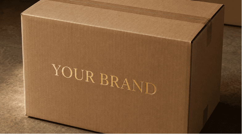 A brown carton printed with a brand name