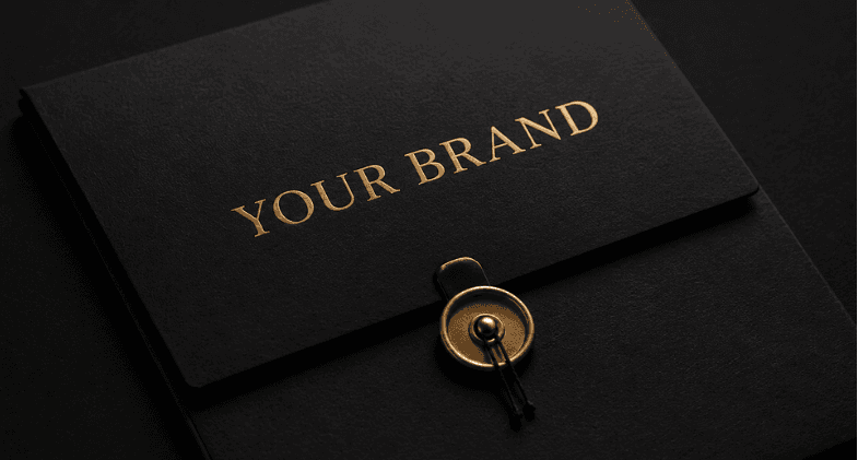 A black presentation folder with a gold brand name