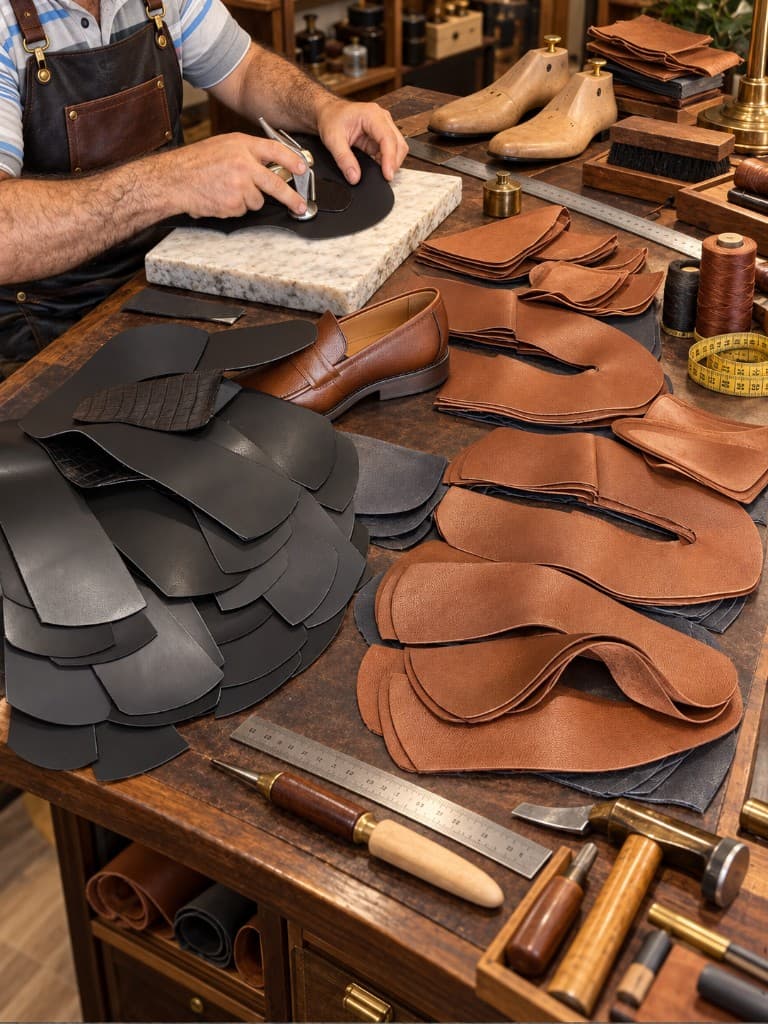 A craftsperson cutting leather uppers at the workshop bench